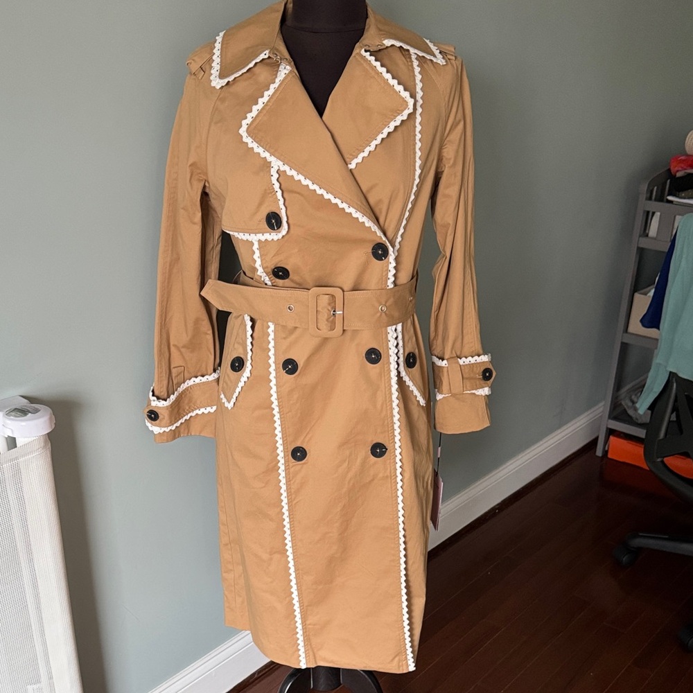 Avec Les Filles Taupe Trench Coat with White Knit Trim